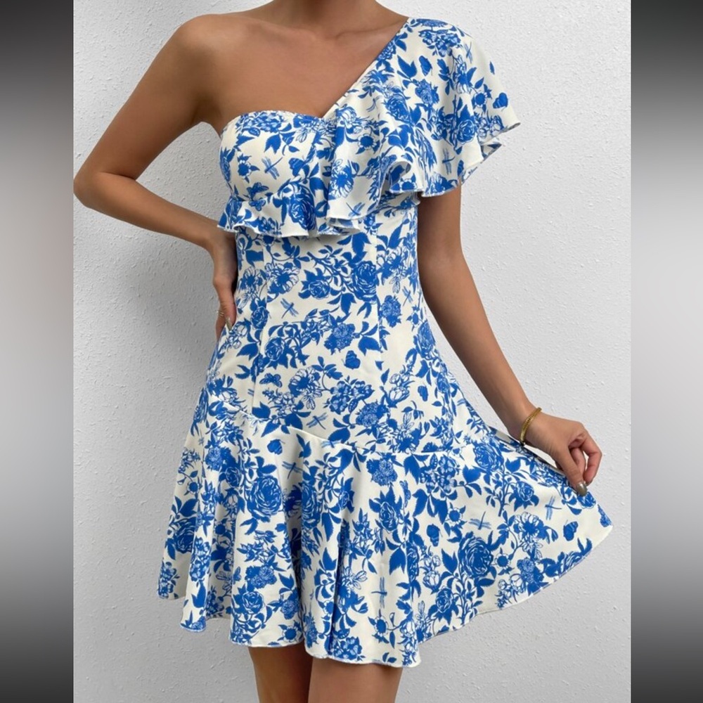 SHEIN Blue and White Asymmetrical Ruffled One-Shoulder Dress